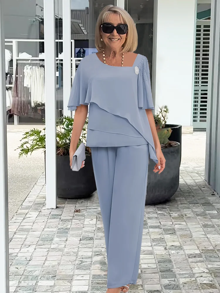 Women's Formal Two-Piece Set Overlay Top Straight Leg Trousers