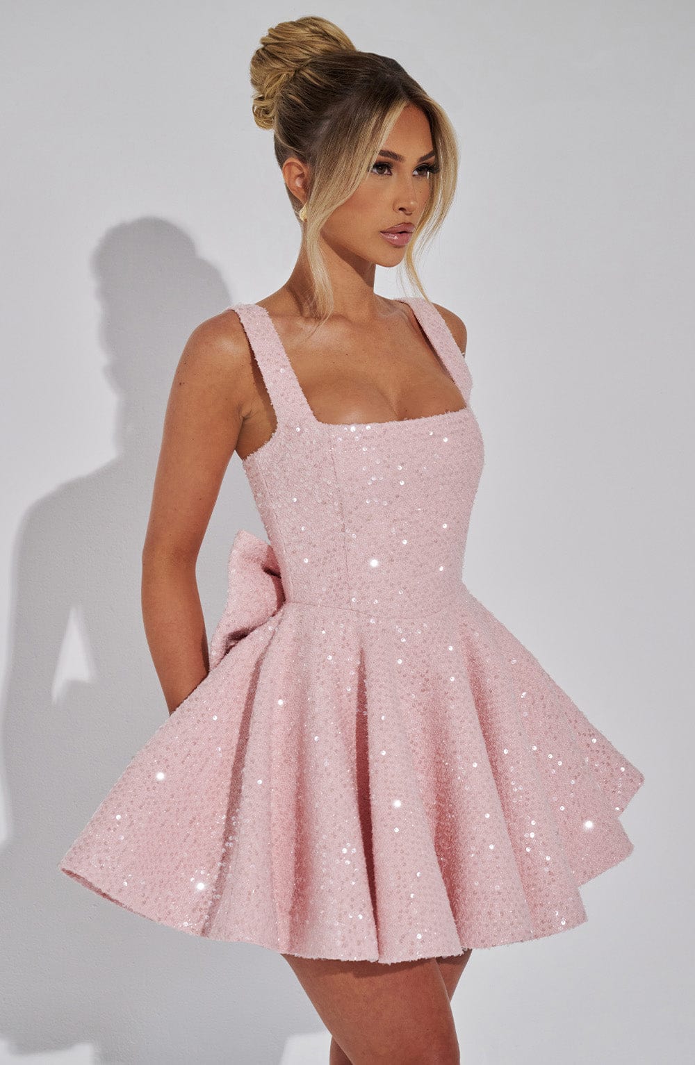 Women's Sequin Mini Dress Bow Detail Square Neck