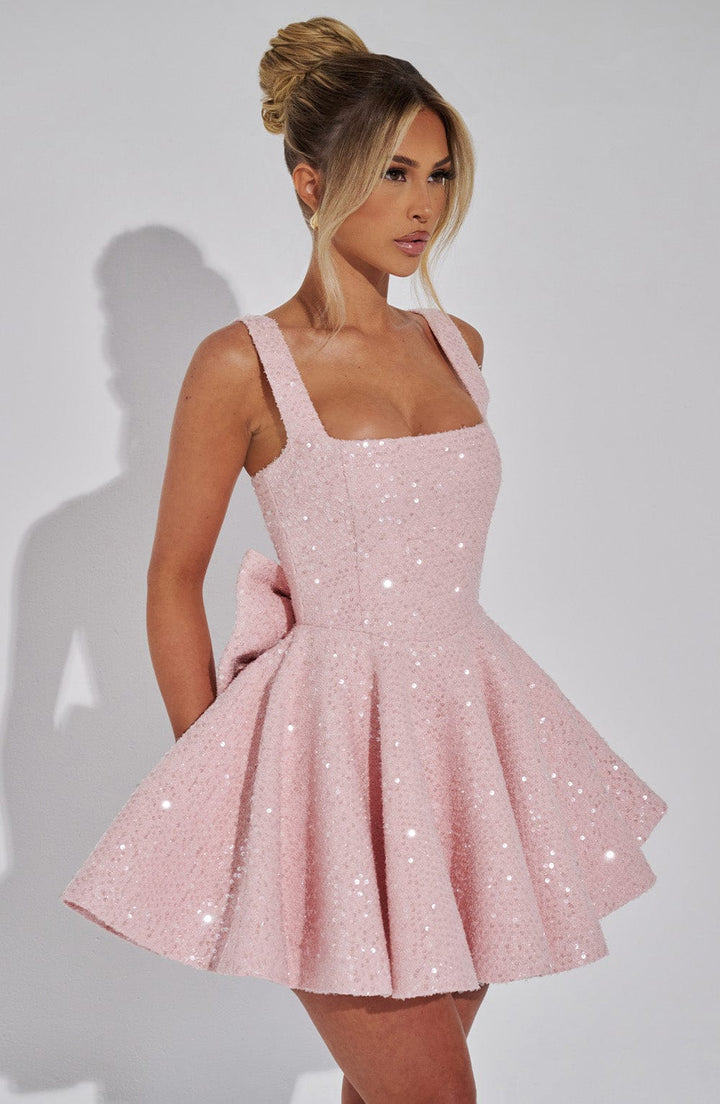 Women's Sequin Mini Dress Bow Detail Square Neck