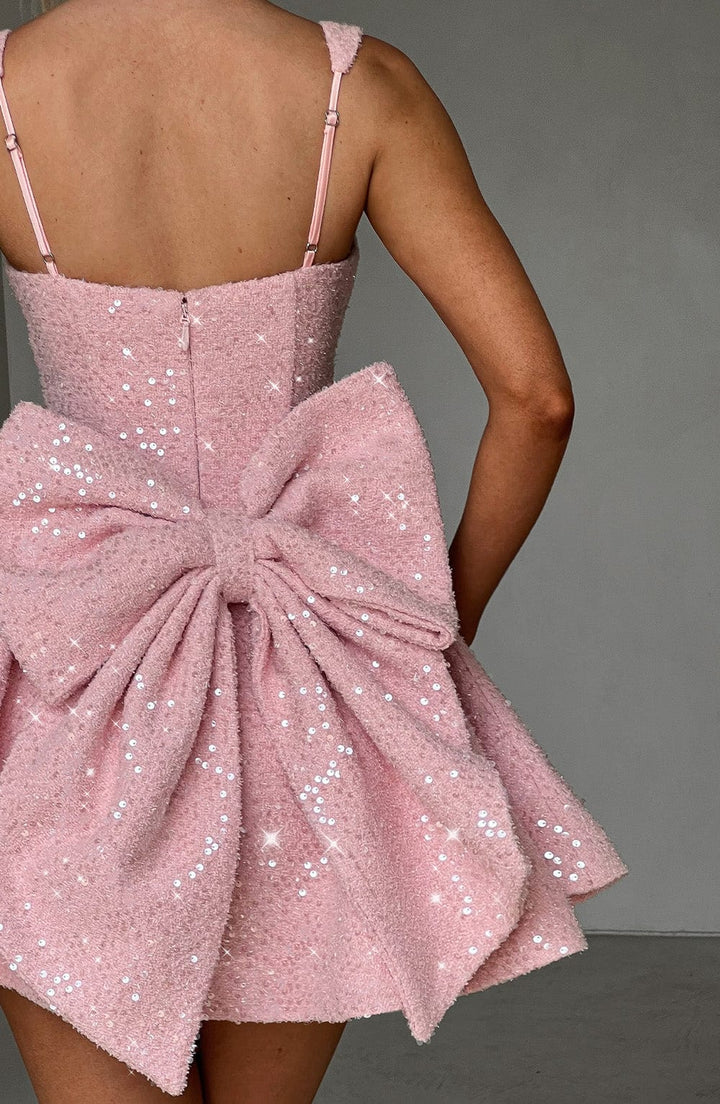 Women's Sequin Mini Dress Bow Detail Square Neck