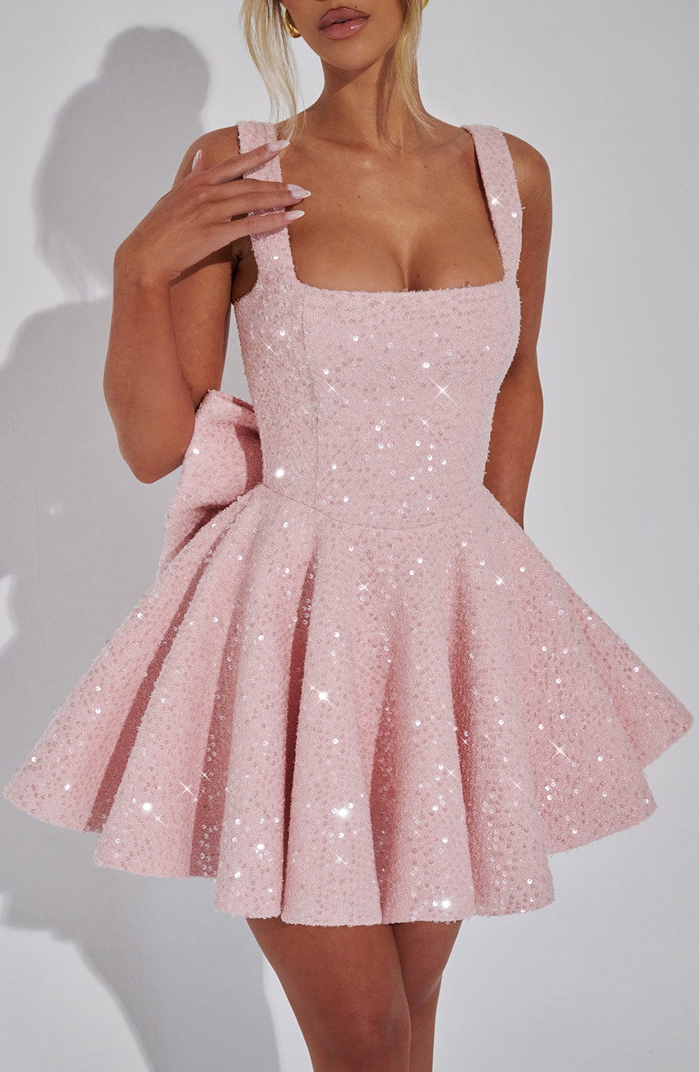 Women's Sequin Mini Dress Bow Detail Square Neck