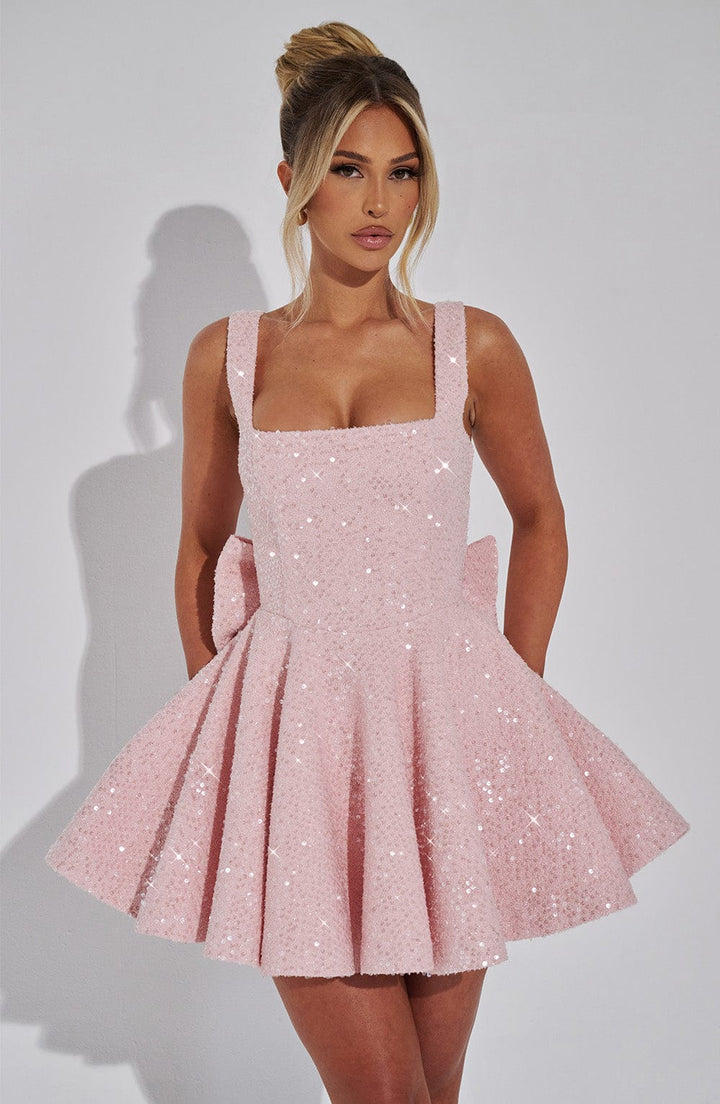 Women's Sequin Mini Dress Bow Detail Square Neck