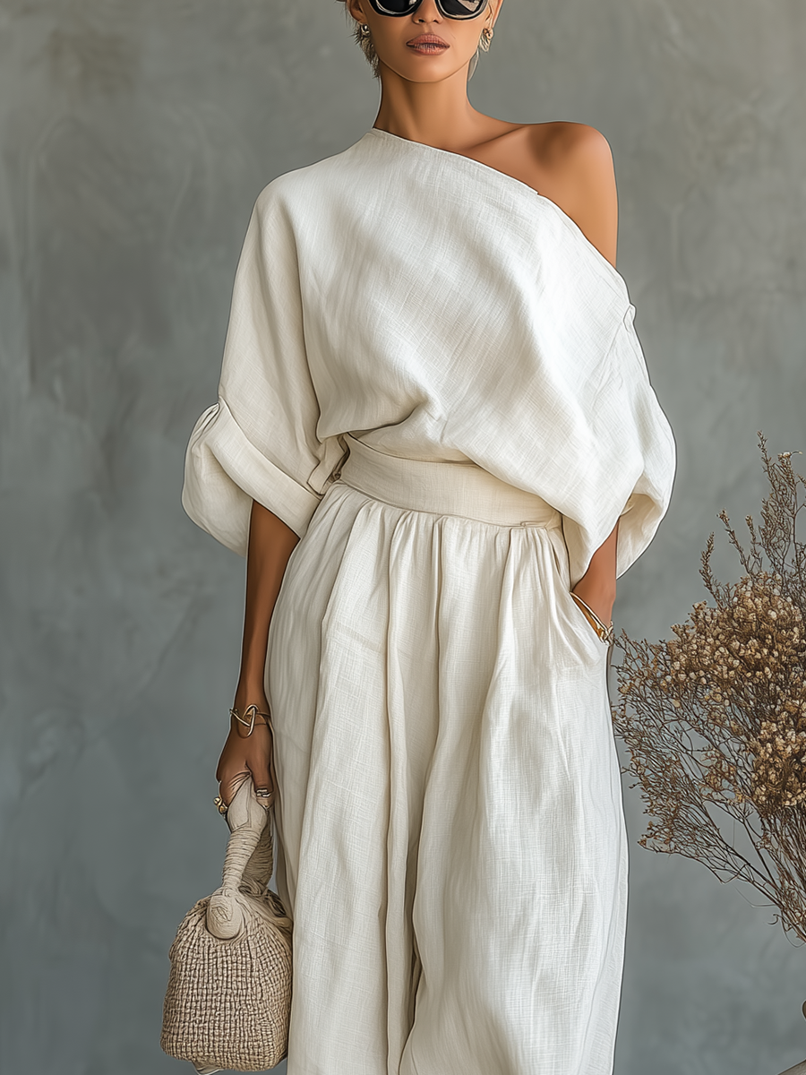 Women's Linen Co-Ord Set Off Shoulder Top Tapered Trousers