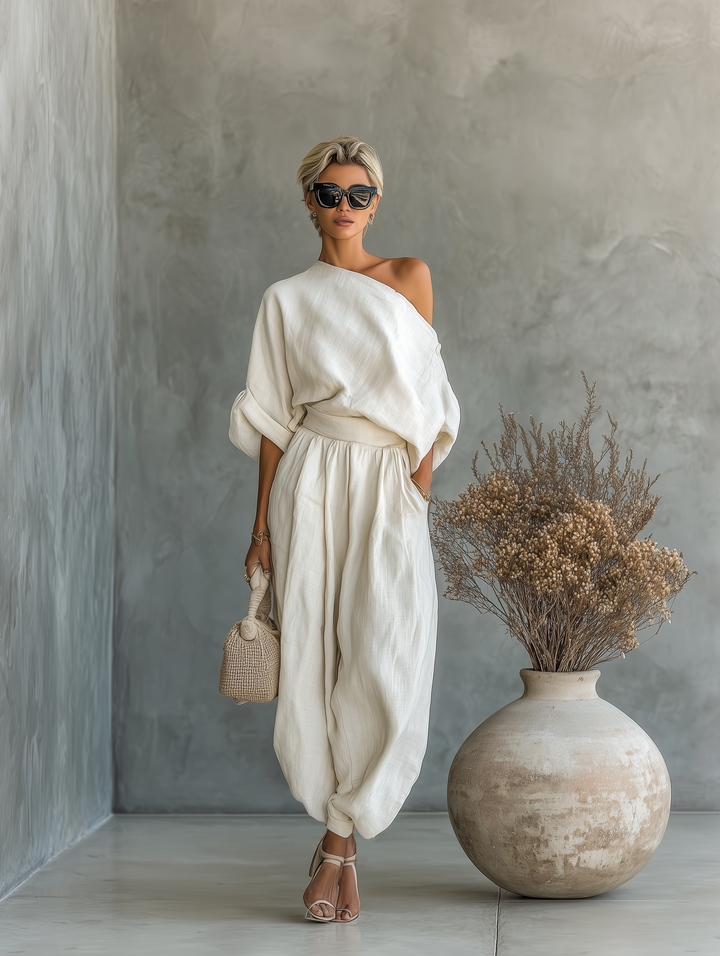 Women's Linen Co-Ord Set Off Shoulder Top Tapered Trousers