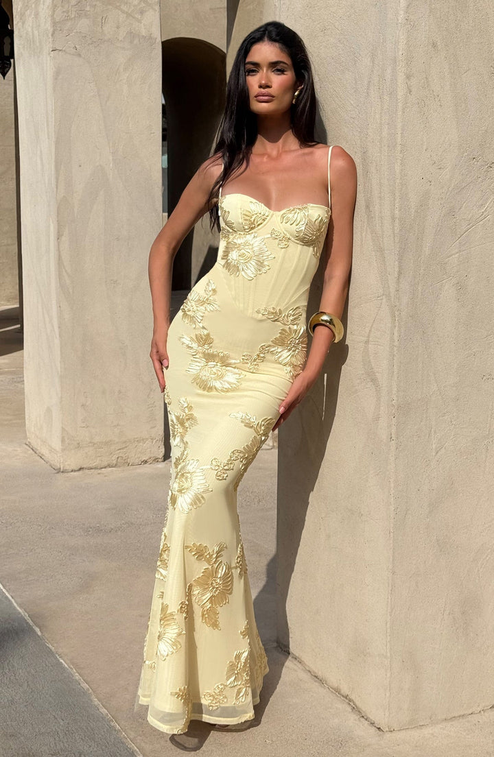 Women's Floral Appliqué Corset Maxi Dress