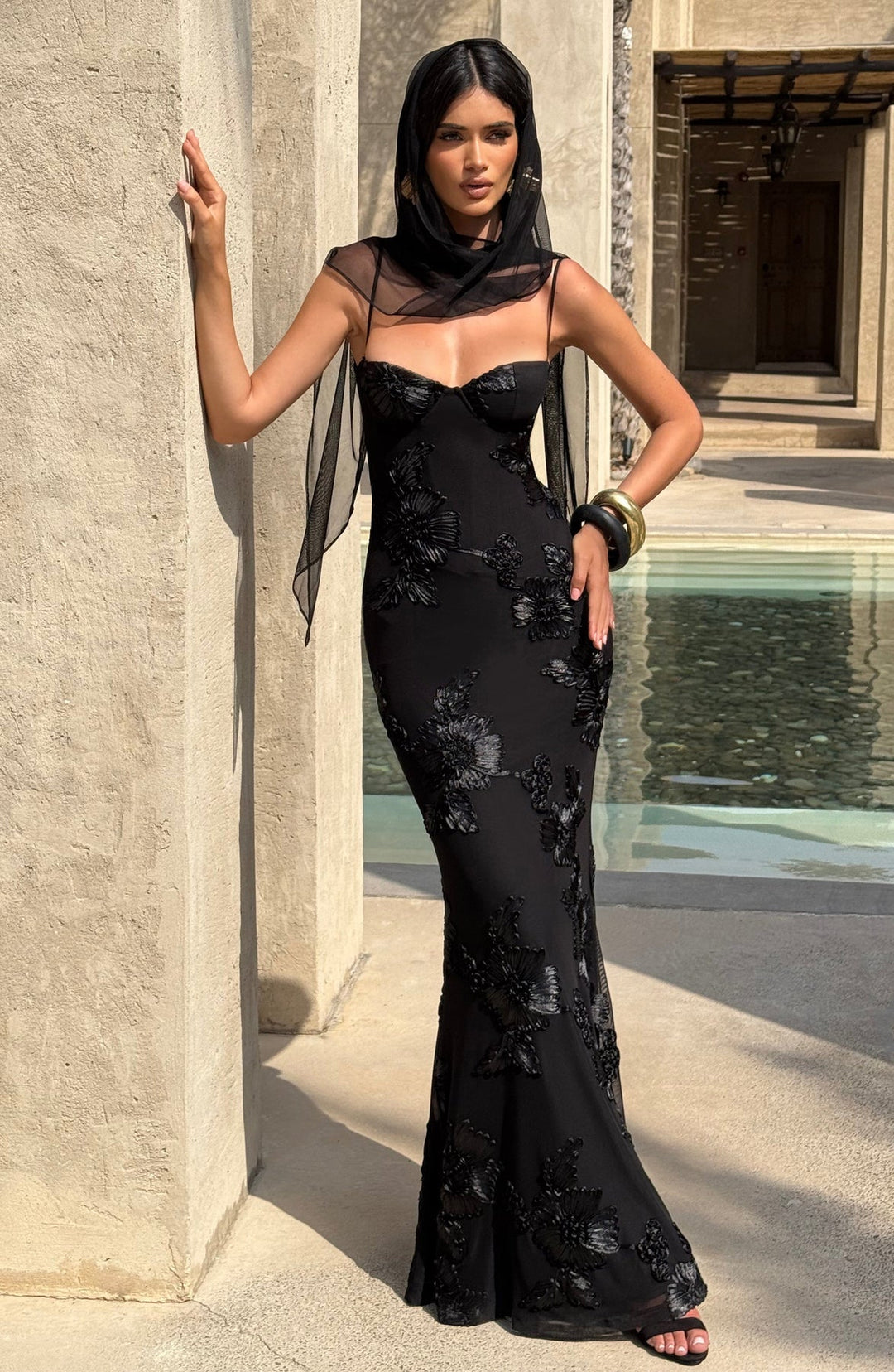 Women's Floral Appliqué Corset Maxi Dress
