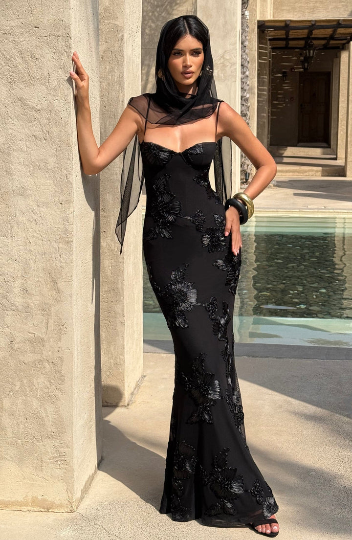 Women's Floral Appliqué Corset Maxi Dress