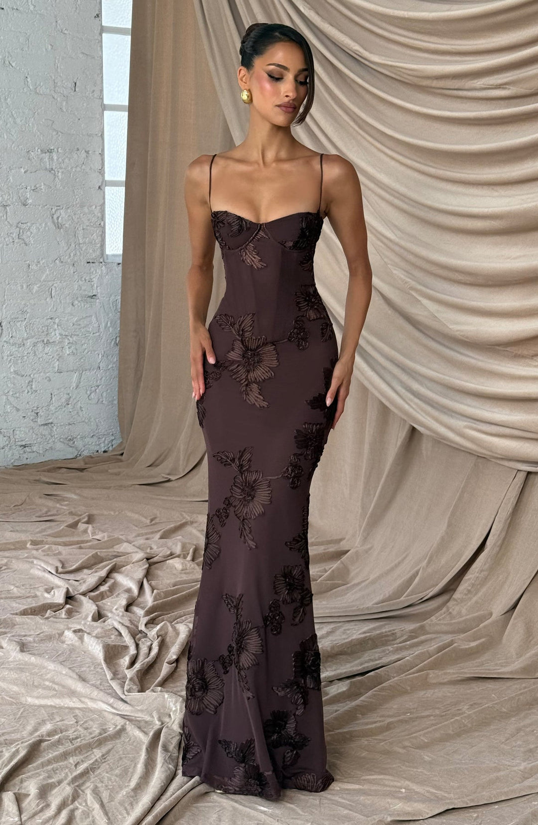 Women's Floral Appliqué Corset Maxi Dress