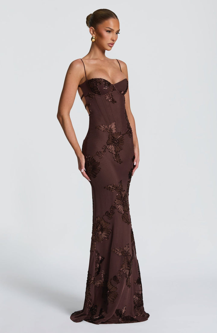 Women's Floral Appliqué Corset Maxi Dress