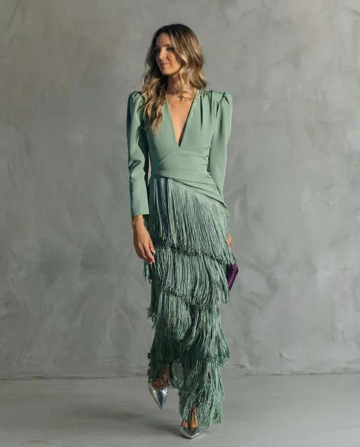 Women's Midi Dress Fringe Sleeves Elegant Occasion