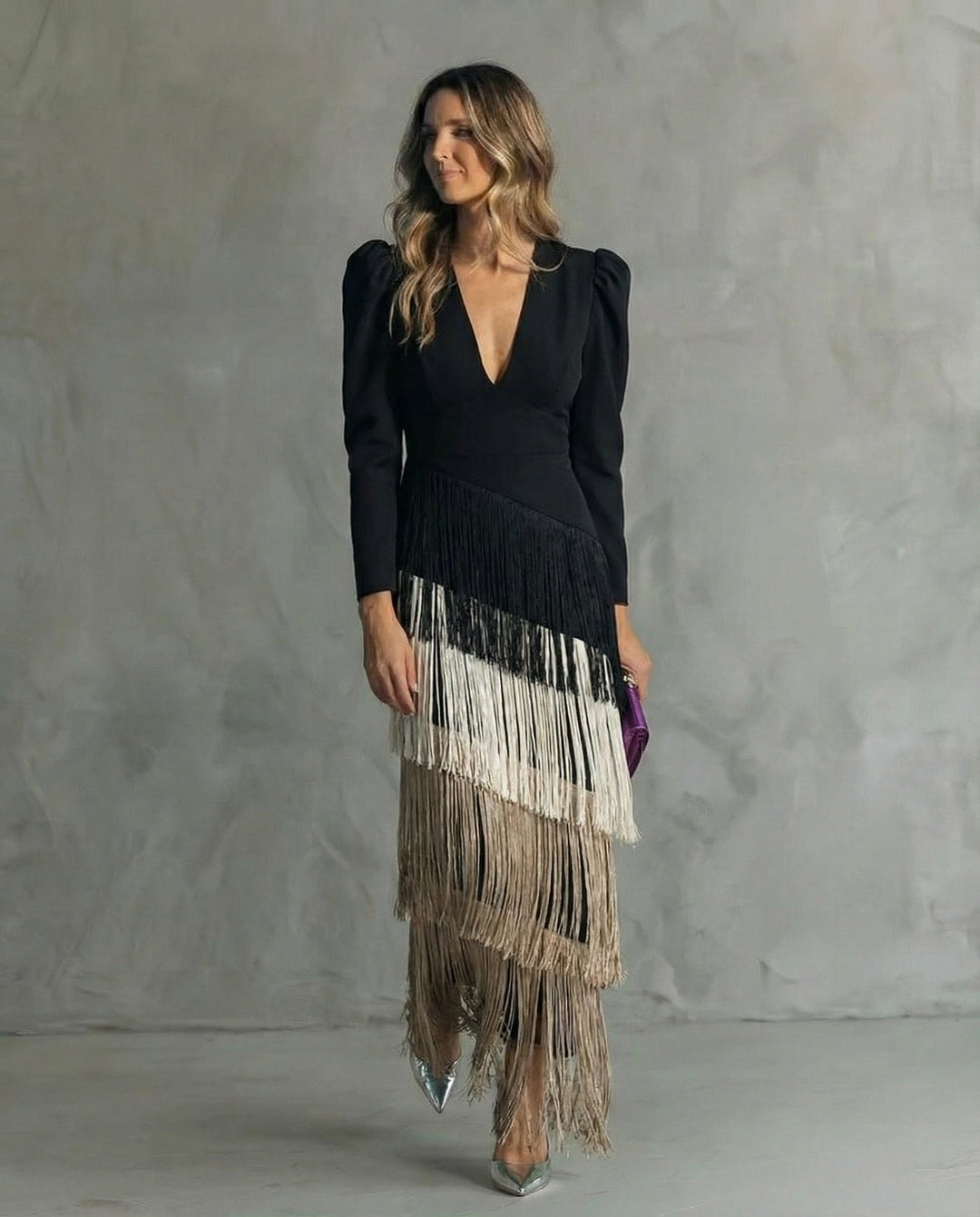 Women's Midi Dress Fringe Sleeves Elegant Occasion