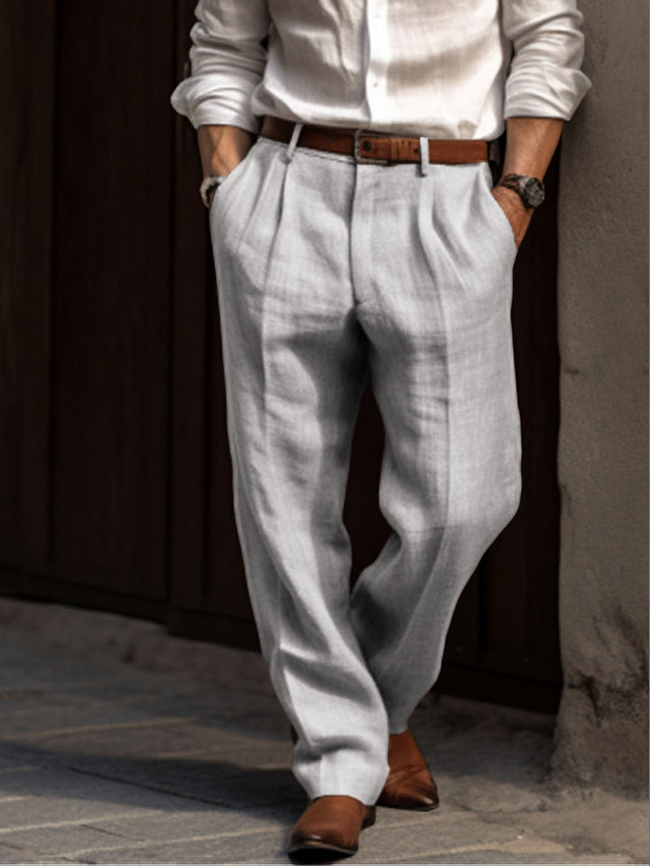 Pleated linen trousers for men