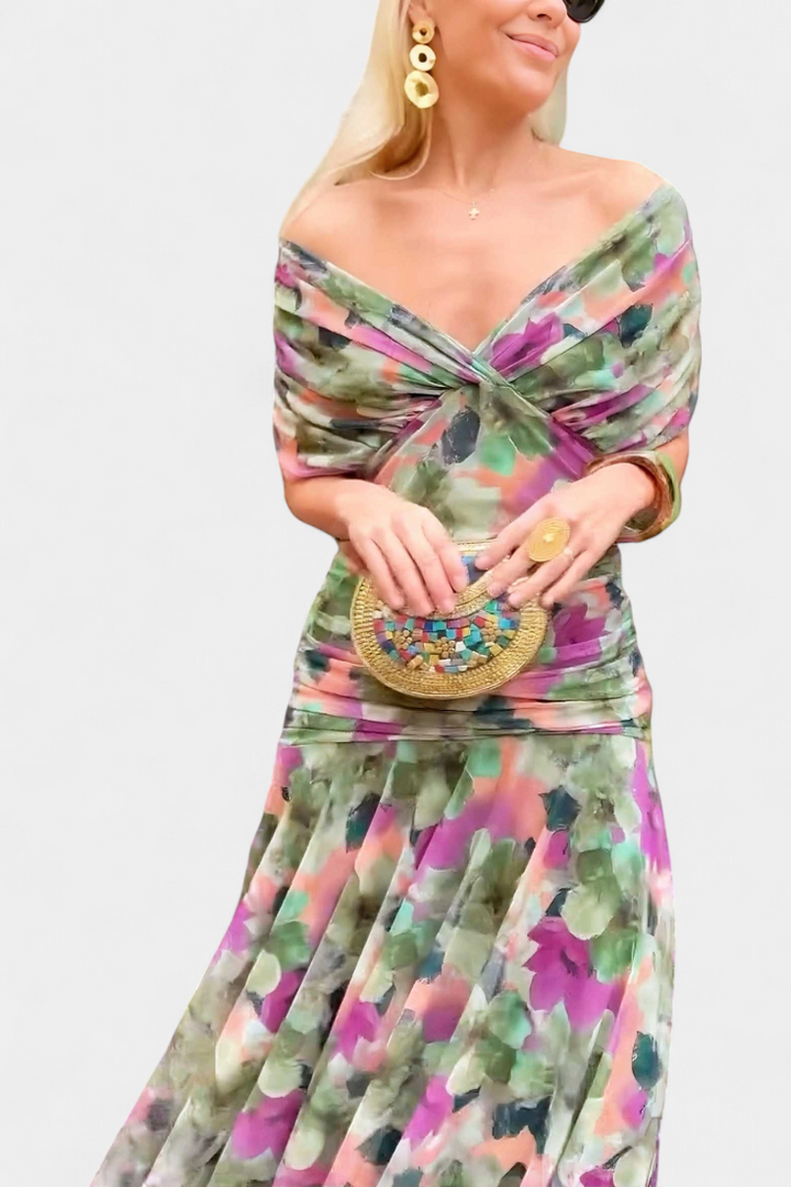 Women's Floral Pleated Maxi Dress V Neck