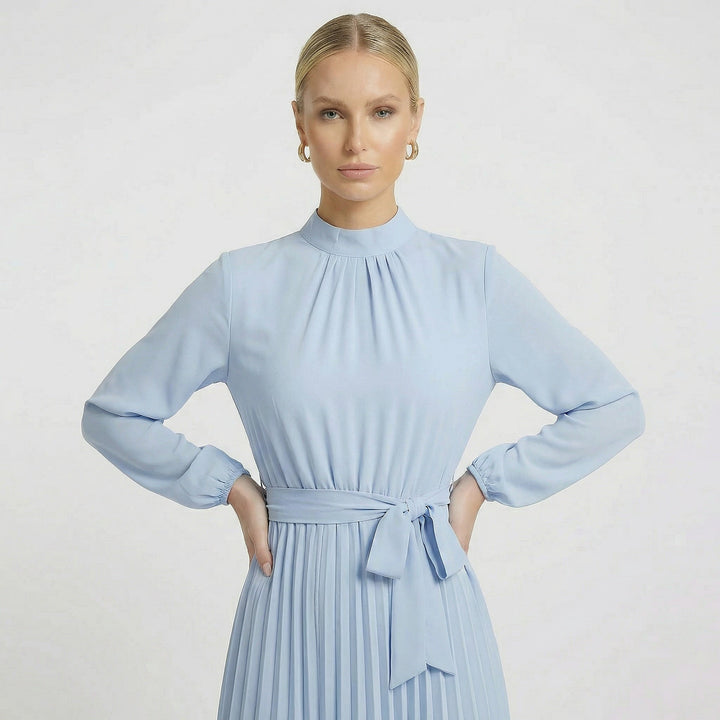 Women's Long Sleeve Pleated Midi Dress Belted Slim Fit