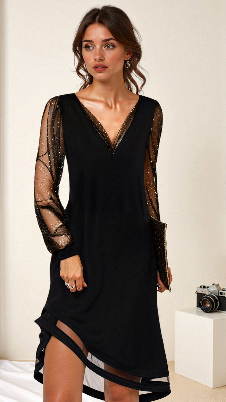 Elegant evening dress with sheer sleeves for women
