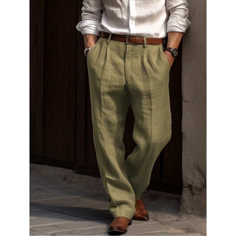 Pleated linen trousers for men