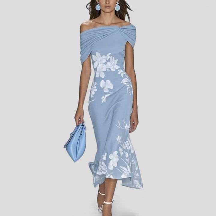 Women's Floral Off Shoulder Midi Dress Trumpet Hem