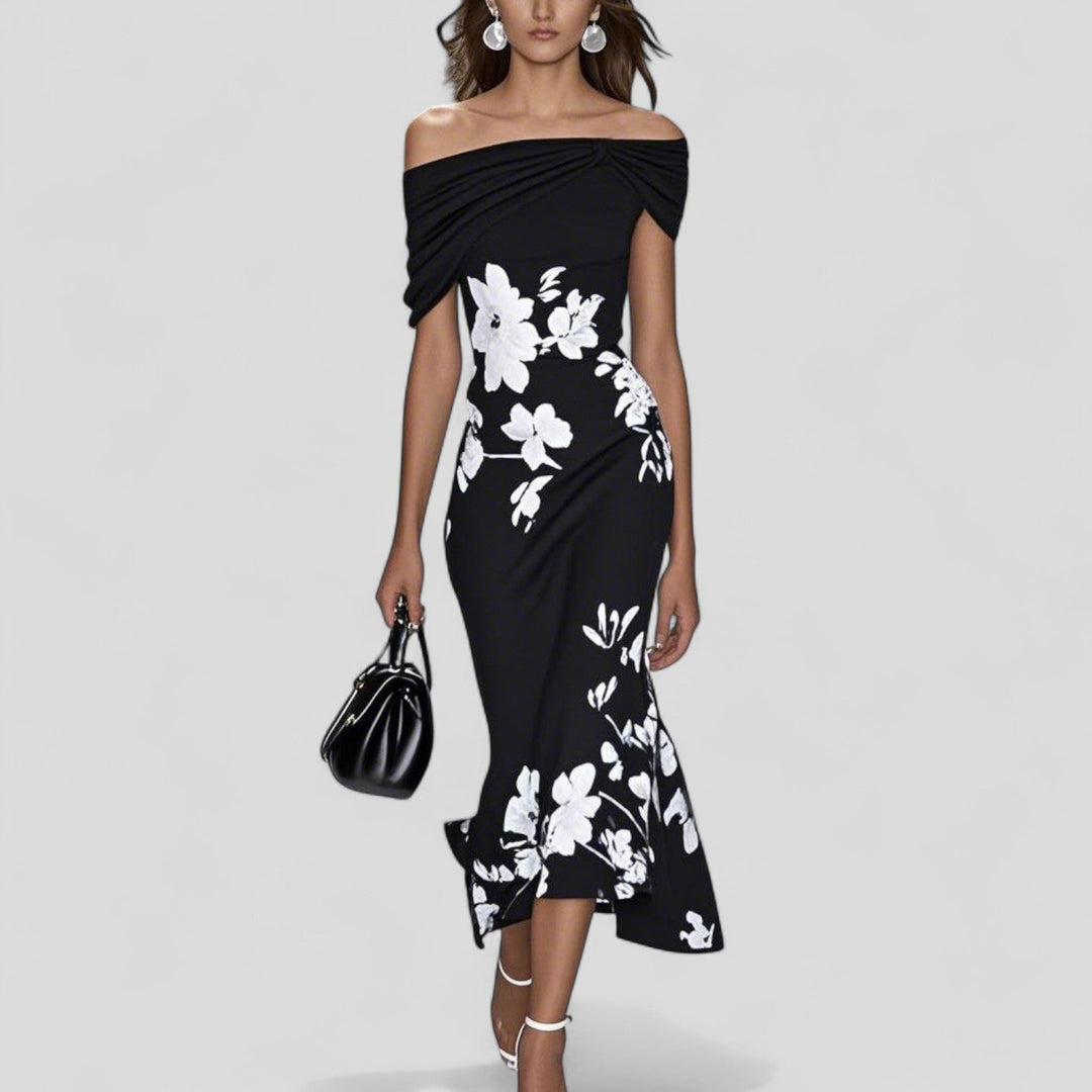 Women's Floral Off Shoulder Midi Dress Trumpet Hem