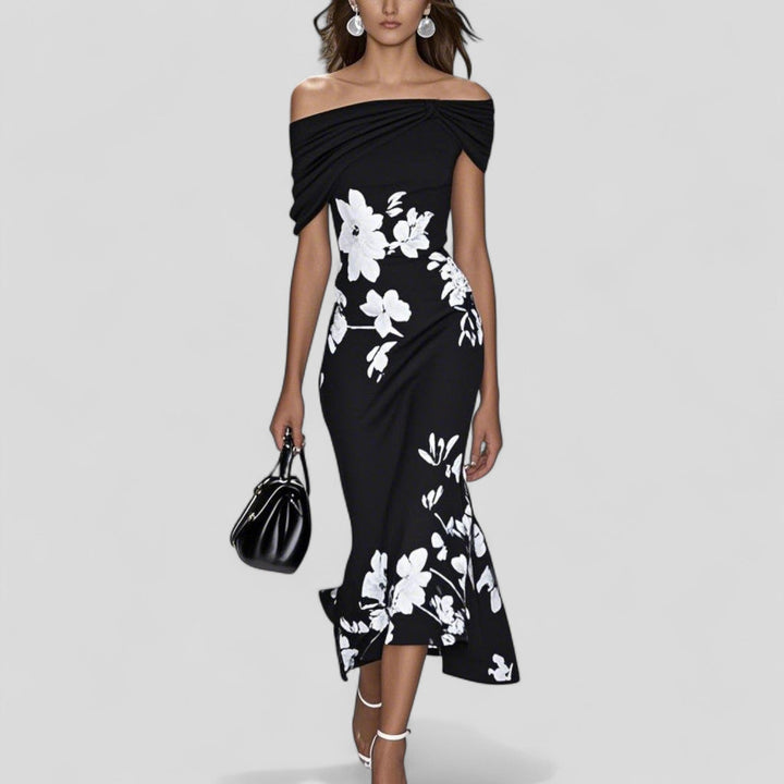 Women's Floral Off Shoulder Midi Dress Trumpet Hem