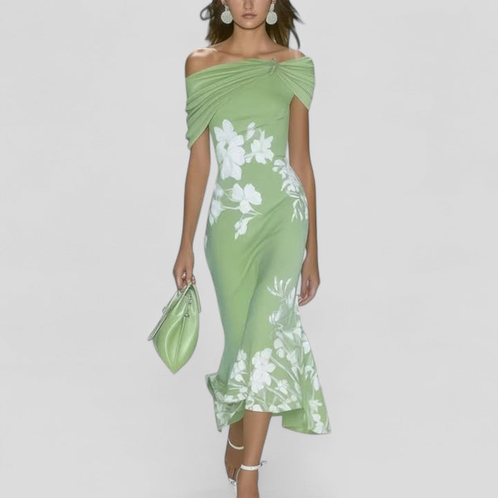 Women's Floral Off Shoulder Midi Dress Trumpet Hem