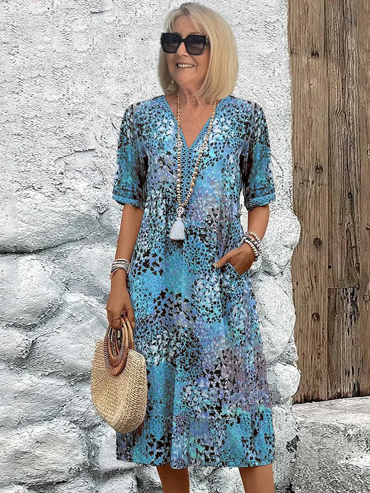 Women's Printed V Neck A-Line Midi Dress