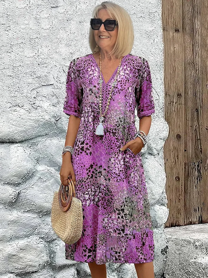 Women's Printed V Neck A-Line Midi Dress