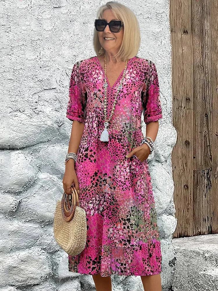 Women's Printed V Neck A-Line Midi Dress