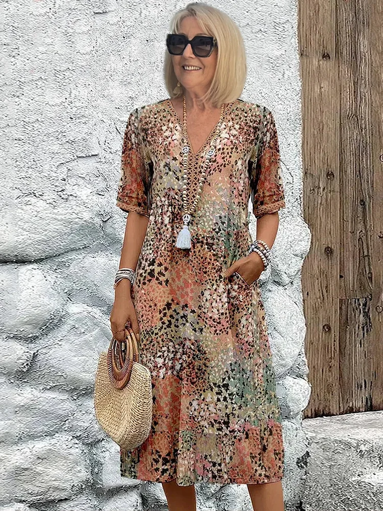 Women's Printed V Neck A-Line Midi Dress