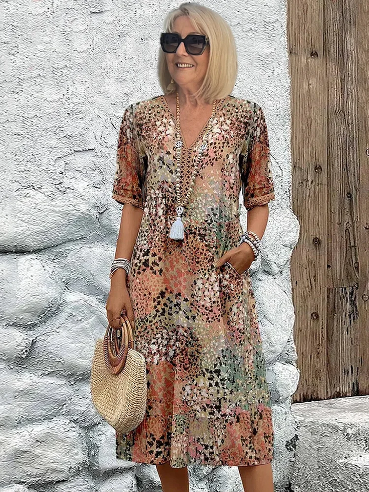 Women's Printed V Neck A-Line Midi Dress