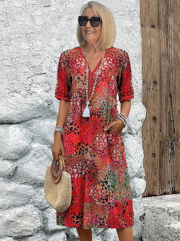 Women's Printed V Neck A-Line Midi Dress