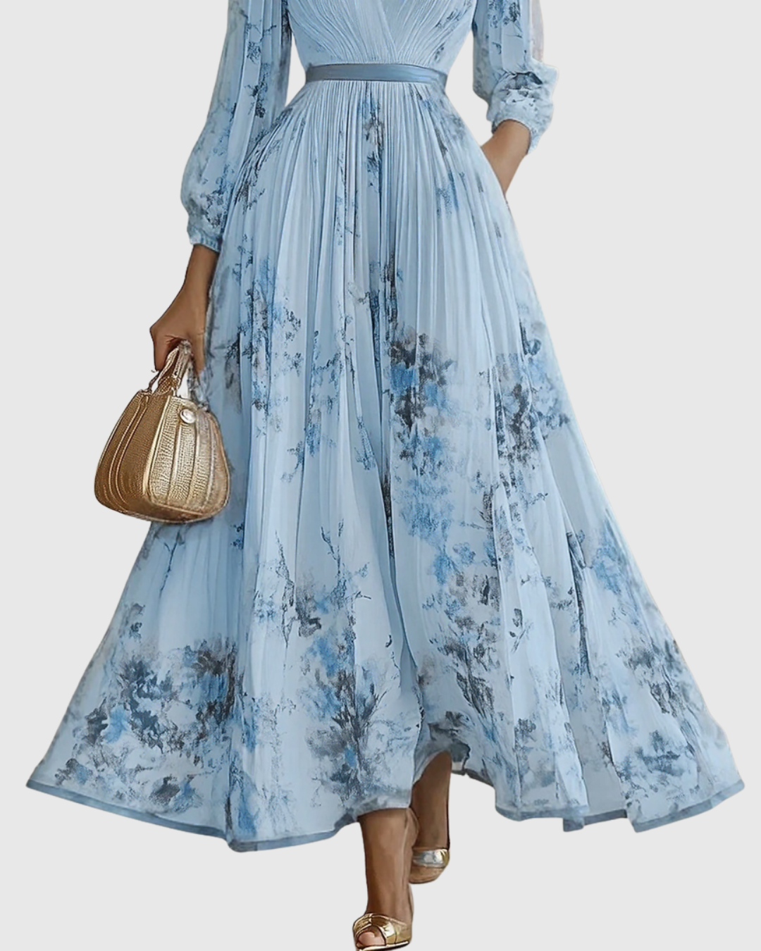 Women's V Neck A-Line Pleated Midi Dress