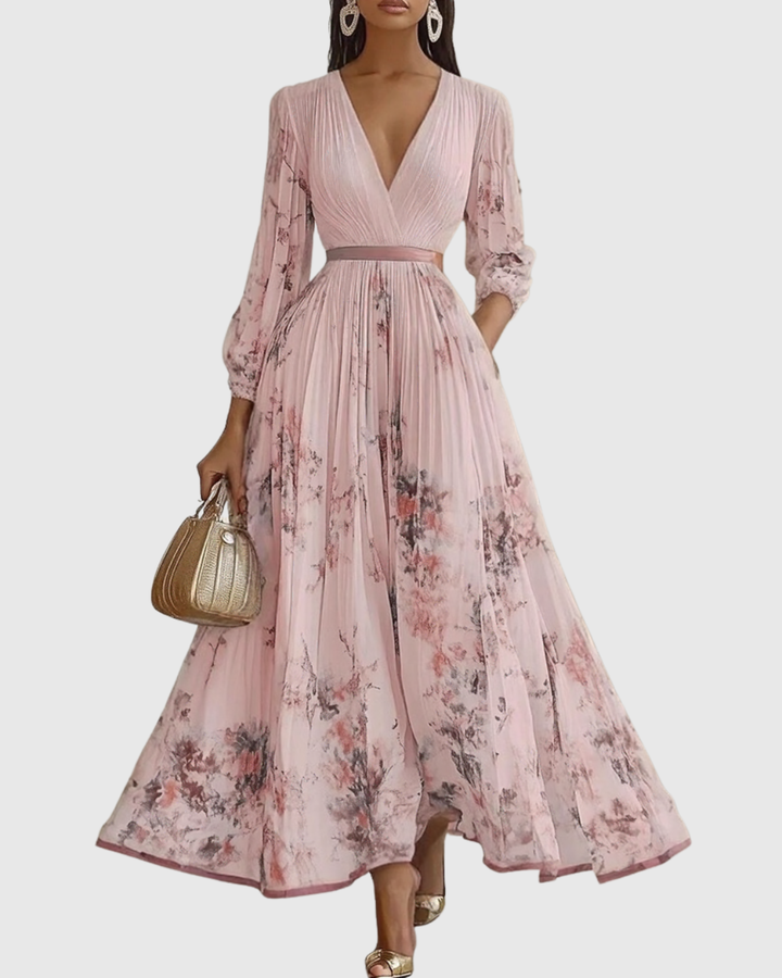Women's V Neck A-Line Pleated Midi Dress