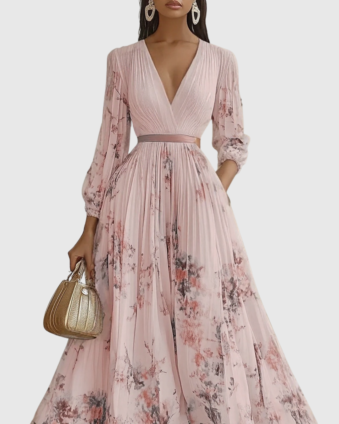 Women's V Neck A-Line Pleated Midi Dress