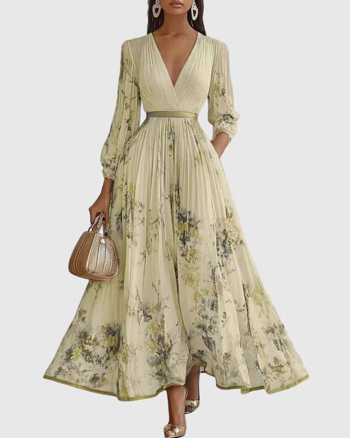 Women's V Neck A-Line Pleated Midi Dress