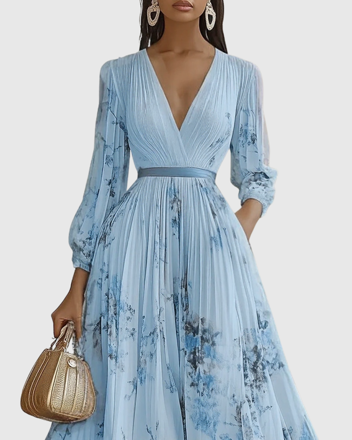 Women's V Neck A-Line Pleated Midi Dress