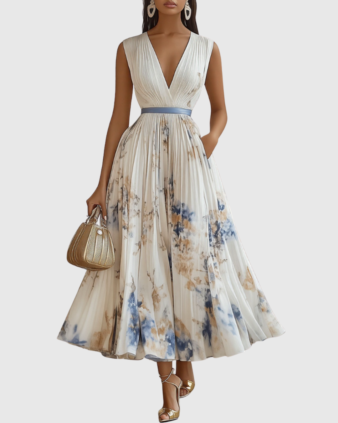 Women's V Neck A-Line Pleated Midi Dress