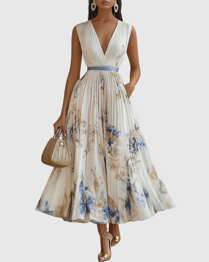 Women's V Neck A-Line Pleated Midi Dress