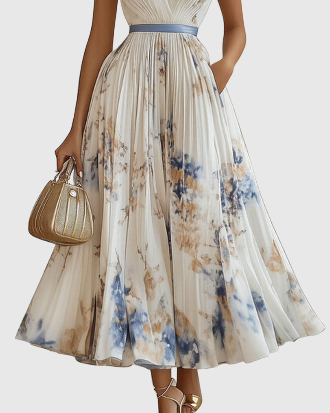 Women's V Neck A-Line Pleated Midi Dress