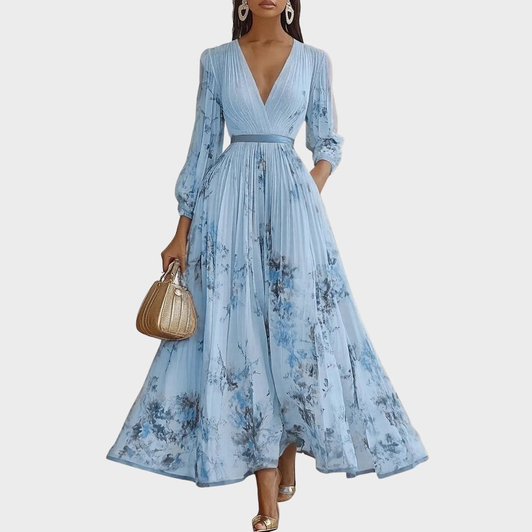 Women's V Neck A-Line Pleated Midi Dress
