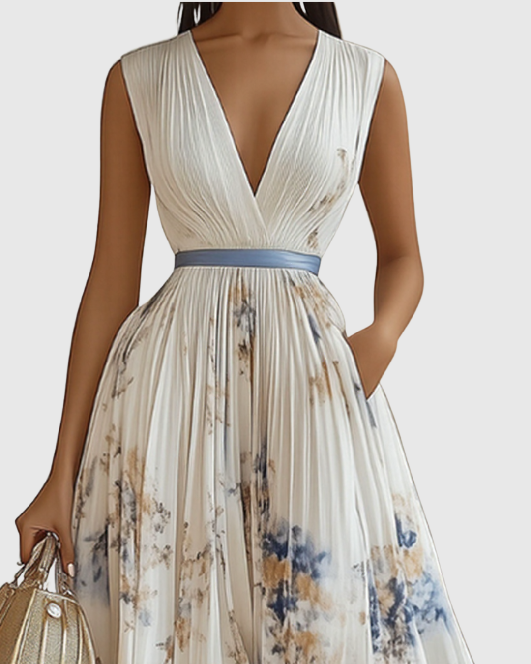 Women's V Neck A-Line Pleated Midi Dress