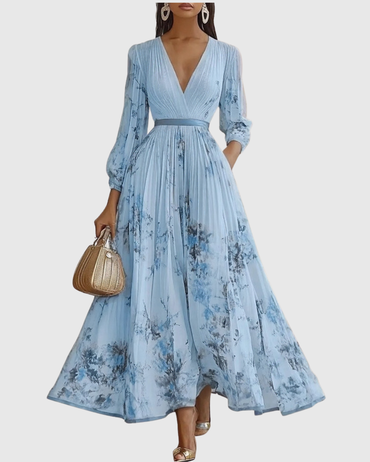 Women's V Neck A-Line Pleated Midi Dress