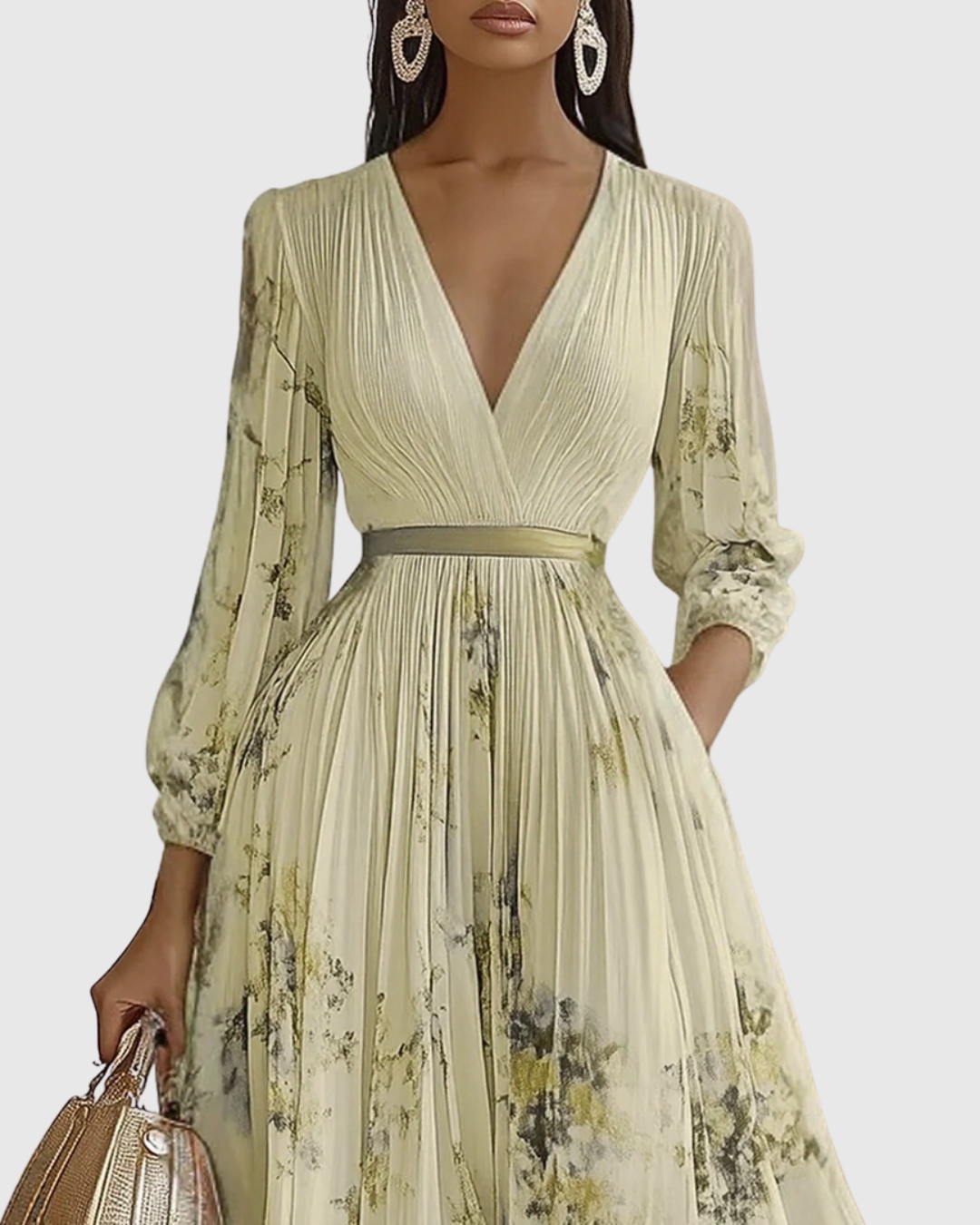 Women's V Neck A-Line Pleated Midi Dress
