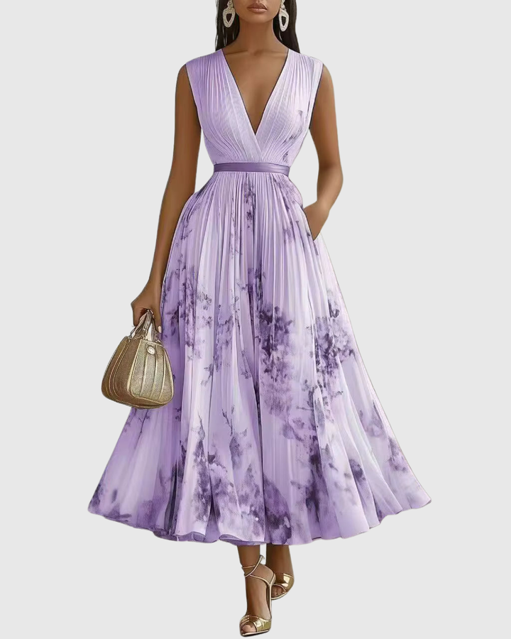 Women's V Neck A-Line Pleated Midi Dress